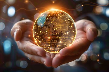 Hands holding a holographic Earth globe rendered in a futuristic concept art style depicting the interconnectedness and fragility of global commerce and finance