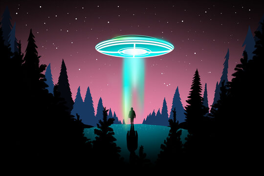 A man standing in front of a forest under a neon green alien ship