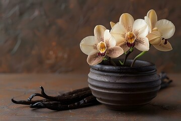 Elegant Orchids with Vanilla Pods - Dessert Inspiration. Concept Vanilla Orchid Recipe, Exotic Desserts, Floral Flavors, Dessert Photography, Elegant Presentation