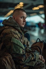 Fototapeta premium Depressed soldier with a backpack. He is sitting in the airport waiting room. Wearing a brave face, hiding pain.