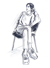 Simple ink sketch of a woman sitting in a chair, hand drawn illustrationSimple ink sketch of a woman sitting in a chair, hand drawn illustration