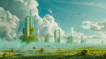 A surreal scene showcasing the potential of carbon removal technologies, such as direct air capture or bioenergy with carbon capture and storage - obrazy, fototapety, plakaty
