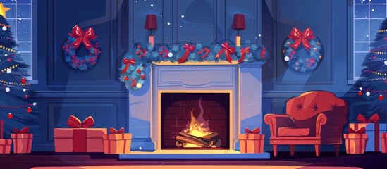 festive holiday scene with decorated fireplace, adorned Christmas tree, and wrapped presents