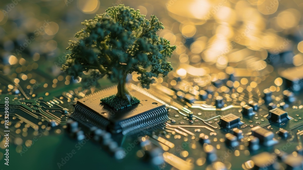 Aufkleber the bottom angle view of the growing green tree on the cpu on the land of the greenish mainboard and