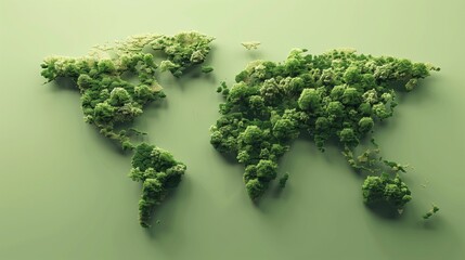 Green World Map- 3D tree or forest shape of world map isolated on light green background with copy space, the Earth Day concept