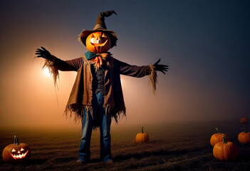 Jack O Lantern. A terrible scarecrow in old clothes and a pumpkin's head, on a foggy field. Concept poster of Halloween. - obrazy, fototapety, plakaty