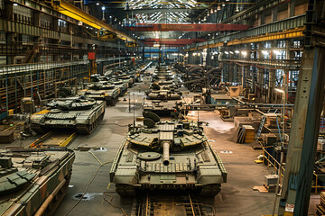 Assembly line of tanks inside a busy industrial factory
