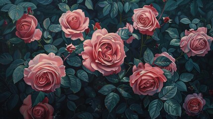 In the oil painting roses bloom in deep reds and soft pinks a testament to love and passion amidst dark green leaves