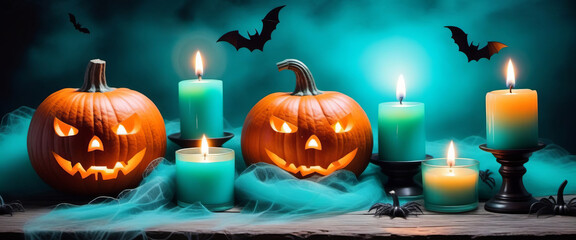 Concept turquoise poster of Halloween. Jack O Lantern. Carved glowing pumpkin and candles on table, on fog background. Copy space.