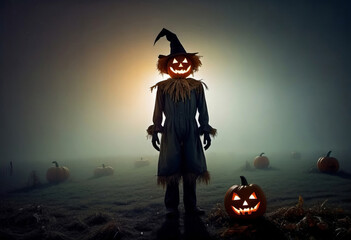 Jack O Lantern. A terrible scarecrow in old clothes and a pumpkin's head, on a foggy field. Concept poster of Halloween.