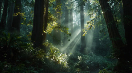 Amidst the majestic redwoods, capture the enchanting interplay of light penetrating the lush canopy. - obrazy, fototapety, plakaty
