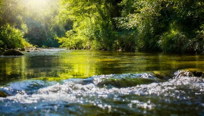 Beautiful water flows gently on the riverbed in midsummer, and the gentle light of the sun illuminates the surrounding area, creating a beautiful backdrop.