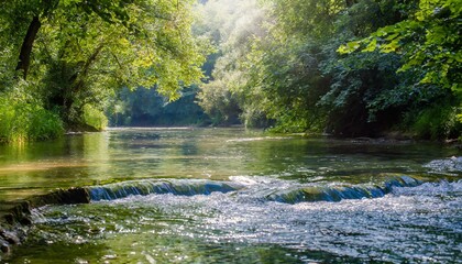 Obraz premium Beautiful water flows gently on the riverbed in midsummer, and the gentle light of the sun illuminates the surrounding area, creating a beautiful backdrop.