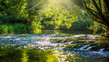 Obraz premium Beautiful water flows gently on the riverbed in midsummer, and the gentle light of the sun illuminates the surrounding area, creating a beautiful backdrop.