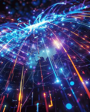 Abstract 3D render, geometric shapes dissolving into particles, neon light trails, cyber realm--sref https://cdn.midjourney.com/8e40a2b0-bf5f-4228-b744-1585318f5926/0_3.webp