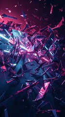 Abstract digital art, 3D render of shattered neon shapes with glitched fragments, 2D Continuous Line Drawing