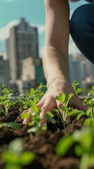 hands delicately planting new growth in urban garden promoting sustainability and green living