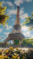 majestic Eiffel Tower stands tall under the sunny blue sky surrounded by green springtime foliage