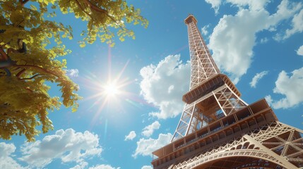 upward view of the Eiffel Tower with sun shining brightly and trees framing the iconic structure