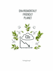 Illustration of Environmentally friendly planet. Hand drawn cartoon sketch of Carbon emissions reduction sign with Emission levels CO2. Carbon dioxide pollution. - obrazy, fototapety, plakaty