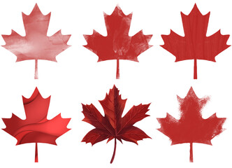 Canadian icons with different grunge, retro, and brushstroke textures, icon set for Canada Day celebrating Canadian independence on July 1st, set of red maple leaves