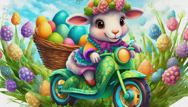 oil painting style CARTOON CHARACTER CUTE baby sheep ride Stylish green cross motorcycle,