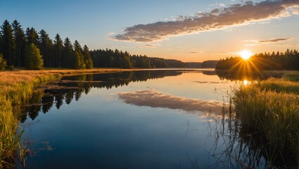 Fototapeta na wymiar sunset-at-coast-of-the-lake-nature-landscape