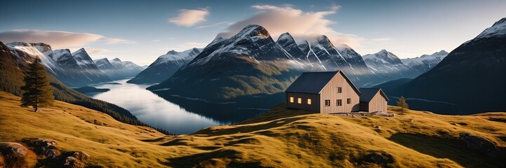 Scandinavian northern fjord landscape. Modern Scandinavian residential building against a backdrop of nature. Housing in the middle of nowhere. Mountain panorama. Minimalistic house.