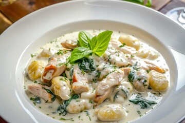 Fototapeta na wymiar Gnocchi pasta in a smooth cream sauce with tender chicken pieces and spinach, served in a white bowl. Gnocchi in Cream Sauce with Chicken and Spinach