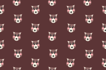 Seamless pattern with kawaii cute brown wolf face for children, kids isolated on dark brown background	