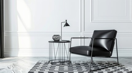Sleek Monochrome Interior with Black Leather Armchair AI Generated.