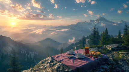 Gartenposter Food and coffee at mountain at sunrise or sunset, amazing breakfast with stunning landscape view. Concept of travel, hike, sun, nature, resort © karina_lo