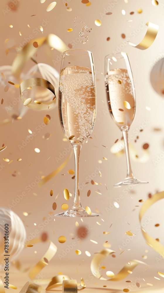 Poster floating champagne glasses in a celebration setting d style isolated flying objects memphis style d 