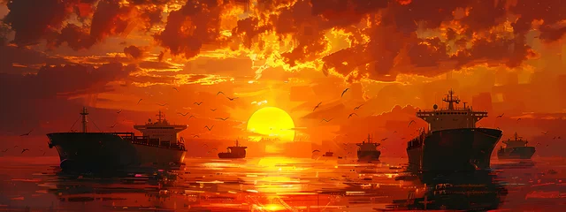 Rolgordijnen Silhouettes of Commerce: Sunset Over the Sea © Manuel