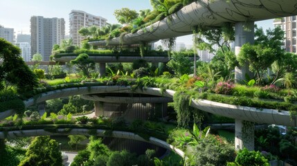 Fototapeta na wymiar Floating gardens hover above the city providing a burst of greenery in the concrete jungle AI generated illustration