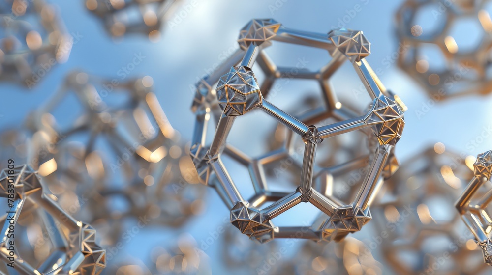 Poster floating icosahedrons arranged in a complex pattern ai generated illustration
