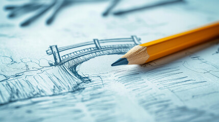 Artistic sketch of a bridge concept with pencil on paper, creative design process for architectural projects. Ideal for educational content, artistic blogs, and website illustrations.