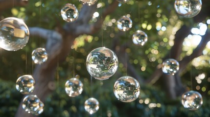 Floating glass orbs reflecting the surrounding environment   AI generated illustration