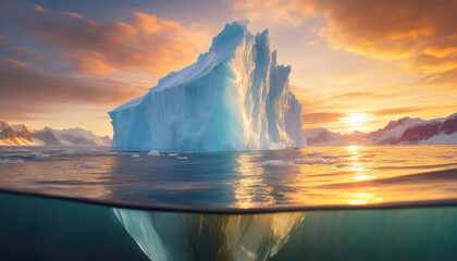 Big iceberg seen underwater at the north pole lit by the warm sunset light - obrazy, fototapety, plakaty