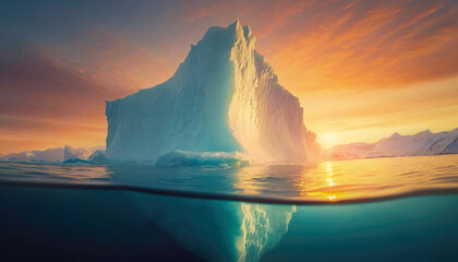Massive iceberg with half part above the sea and a big chunk underwater. Warm arctic sunset scene, climate change conceptual background - obrazy, fototapety, plakaty