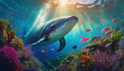 Fototapeta premium Dreamlike ocean underwater life scene with a giant whale swimming among different colorful fish and coral reef