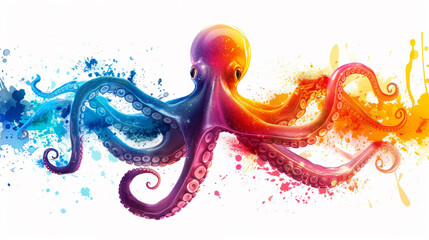 Colored octopus watercolor pink, red and blue