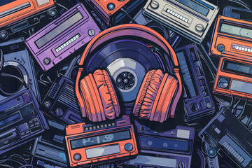 Illustration of retro cassette recorder 90s pattern, concept vintage, nostalgia background