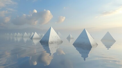 Floating pyramids in a symmetrical formation   AI generated illustration
