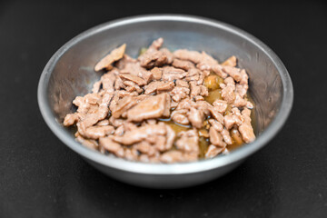 Food for animals background. wet cat and dog food texture, pattern. Pet meal background close up. wet food for pet dogs and cats. Dried pet food top view. Granules of good nutrition for dogs and cats.