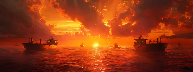 Rolgordijnen Silhouettes of Commerce: Sunset Over the Sea © Manuel