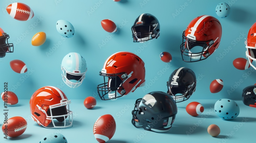 Poster football helmets and shoulder pads in a geometric pattern d style isolated flying objects memphis st