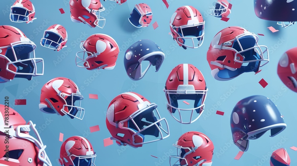 Poster football helmets and shoulder pads in a geometric pattern d style isolated flying objects memphis st