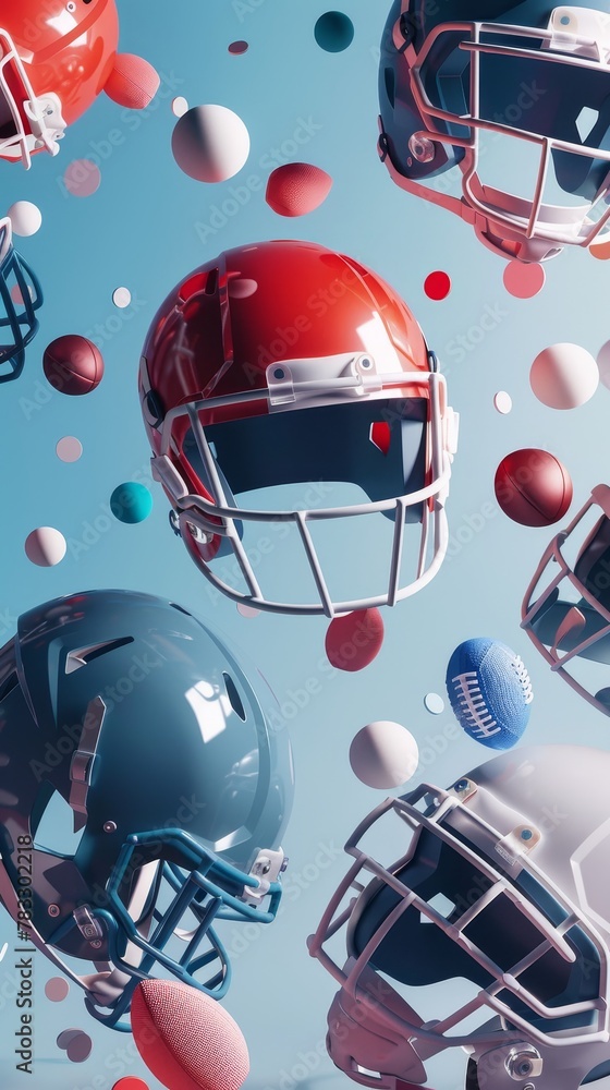 Poster football helmets and shoulder pads in a geometric pattern d style isolated flying objects memphis st