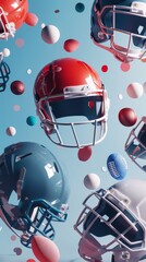 Football helmets and shoulder pads in a geometric pattern d style isolated flying objects memphis style d render   AI generated illustration